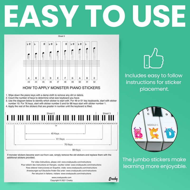 Crosby Monster Piano Stickers for Learning Piano or Keyboard - Transparent 88, 76, 61 & 49 Removable Key Set for Kids & Beginners - Image 3